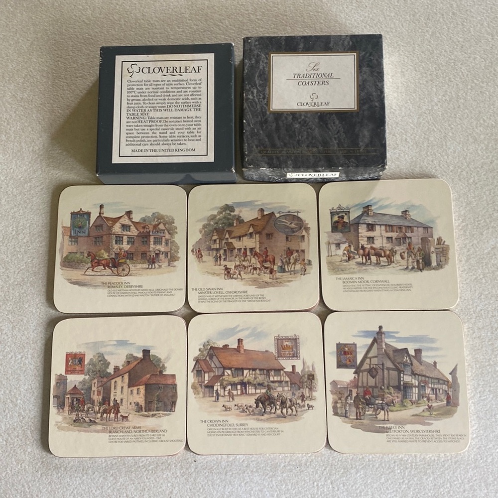 Vintage Cloverleaf (6) Traditional Coasters LCC31  “Olde Inns” in original box